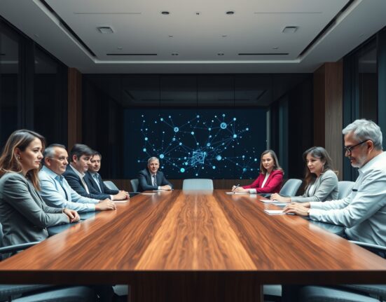 A governance council meeting with professionals around a table, representing Alchemy joining the Kaia blockchain network.
