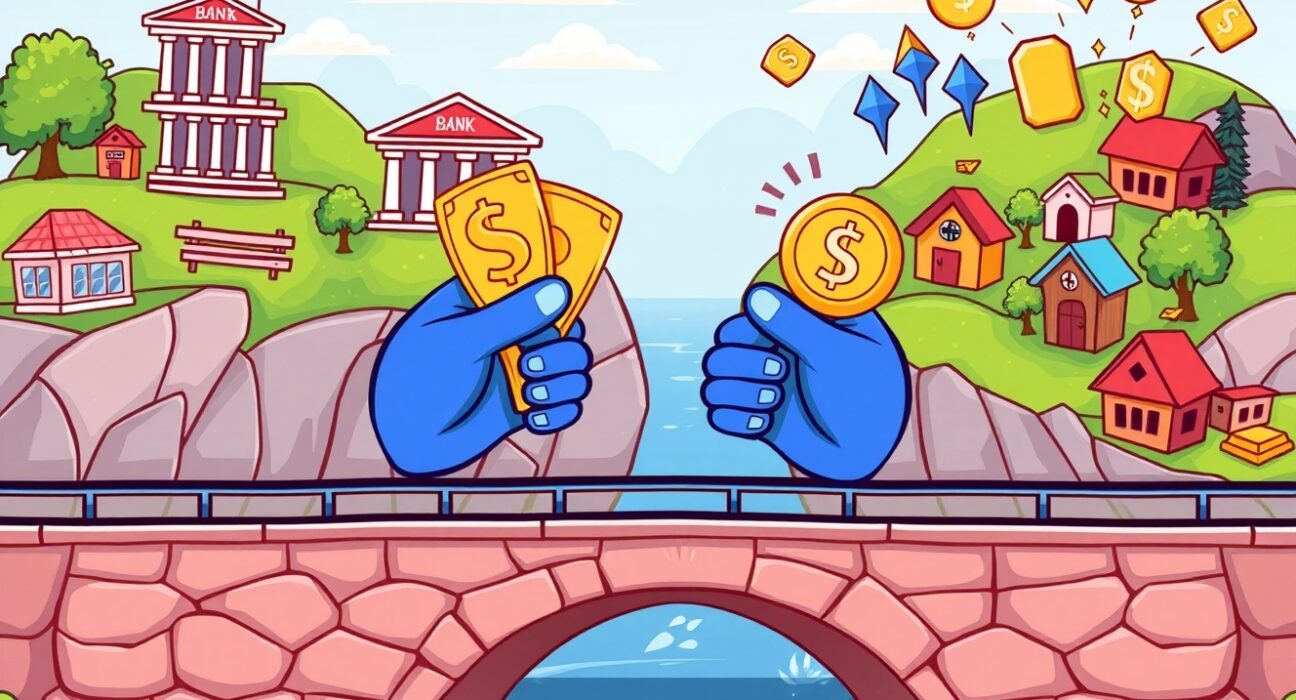 Cartoon illustration depicting the Alchemy Pay RWA platform seamlessly connecting traditional fiat investments with real-world tokenized assets.