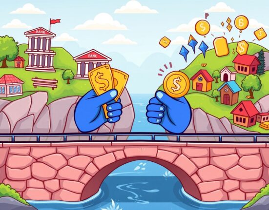Cartoon illustration depicting the Alchemy Pay RWA platform seamlessly connecting traditional fiat investments with real-world tokenized assets.