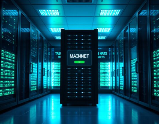 AlchemyChain mainnet launch server room with network status display