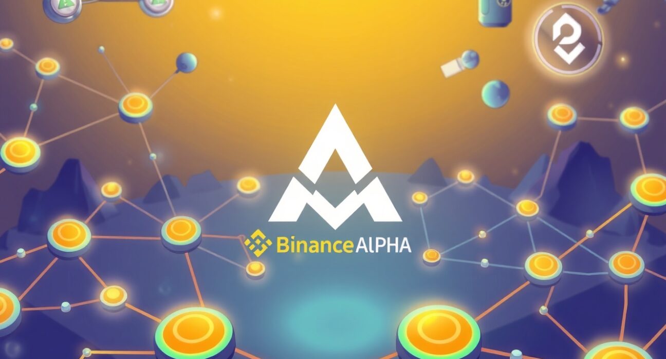 A vibrant cartoon illustration showing the Aleo blockchain integrating with Binance Alpha, symbolizing innovation in Web3 privacy.