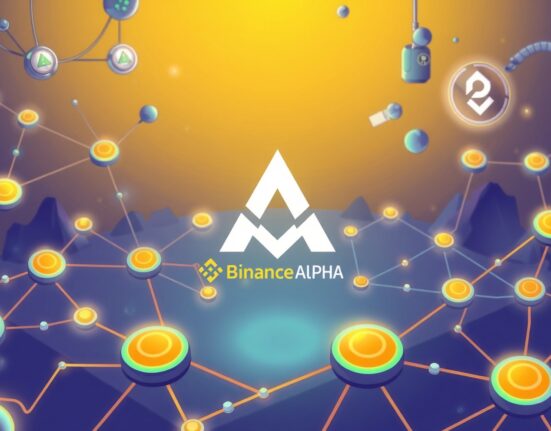 A vibrant cartoon illustration showing the Aleo blockchain integrating with Binance Alpha, symbolizing innovation in Web3 privacy.