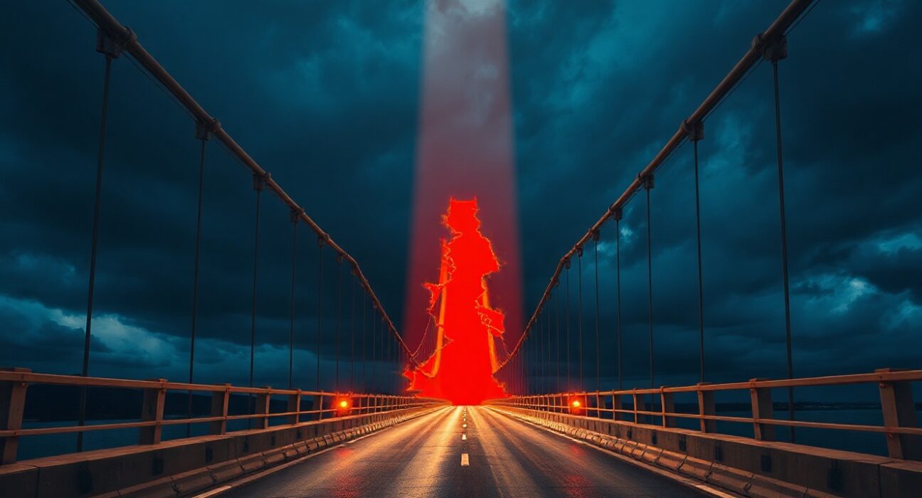 Damaged bridge at night with glowing cracks symbolizing a crypto bridge security exploit