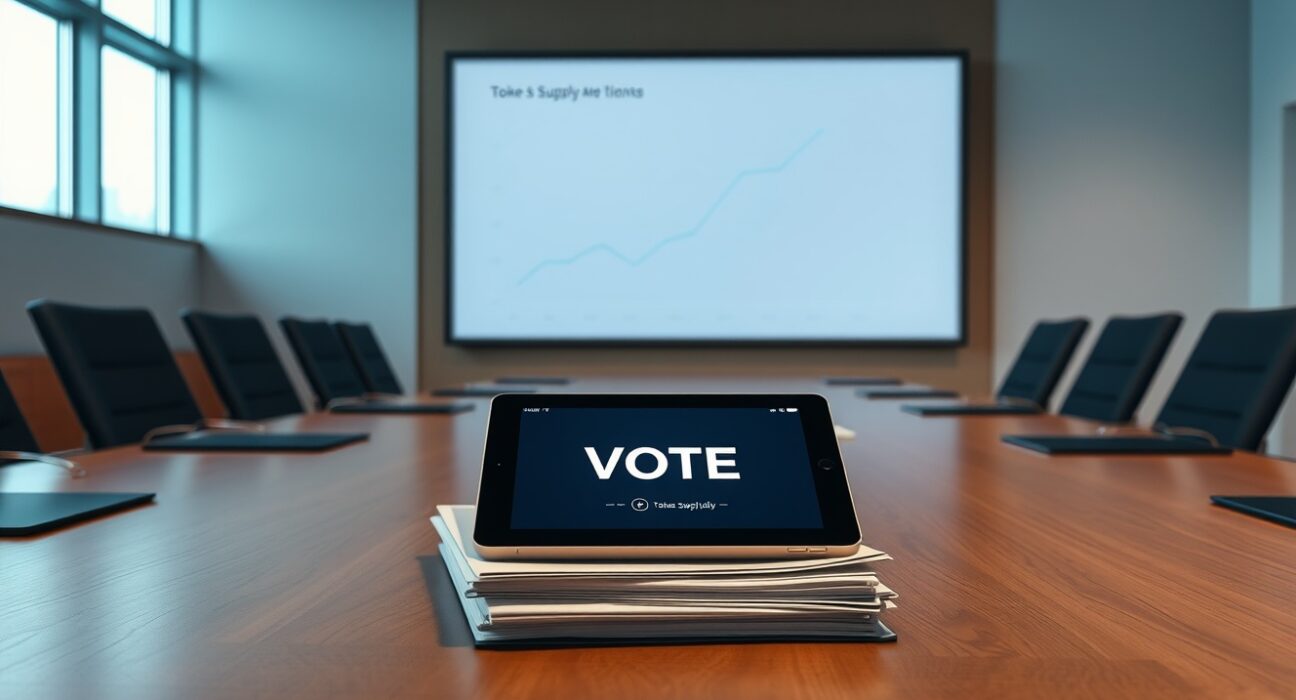 A governance meeting table with a tablet showing a vote interface and a screen displaying a decreasing token supply chart.