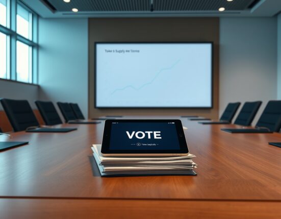 A governance meeting table with a tablet showing a vote interface and a screen displaying a decreasing token supply chart.