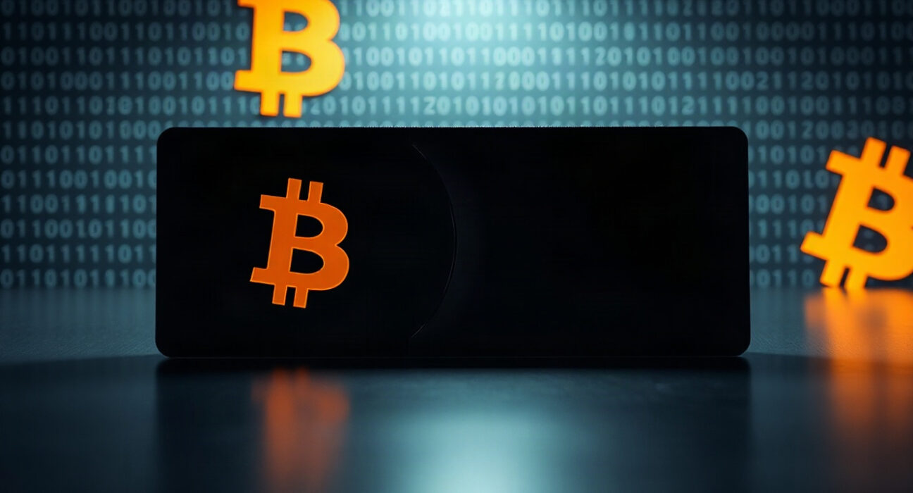 Bitcoin hardware wallet on a dark surface with binary code overlay