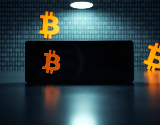 Bitcoin hardware wallet on a dark surface with binary code overlay