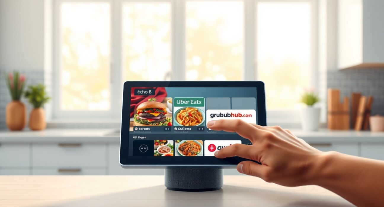 Amazon Echo Show 8 displaying Alexa+ food ordering interface with Uber Eats and Grubhub integration