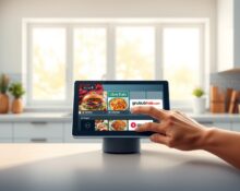 Amazon Echo Show 8 displaying Alexa+ food ordering interface with Uber Eats and Grubhub integration
