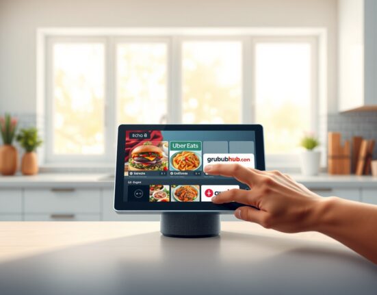 Amazon Echo Show 8 displaying Alexa+ food ordering interface with Uber Eats and Grubhub integration