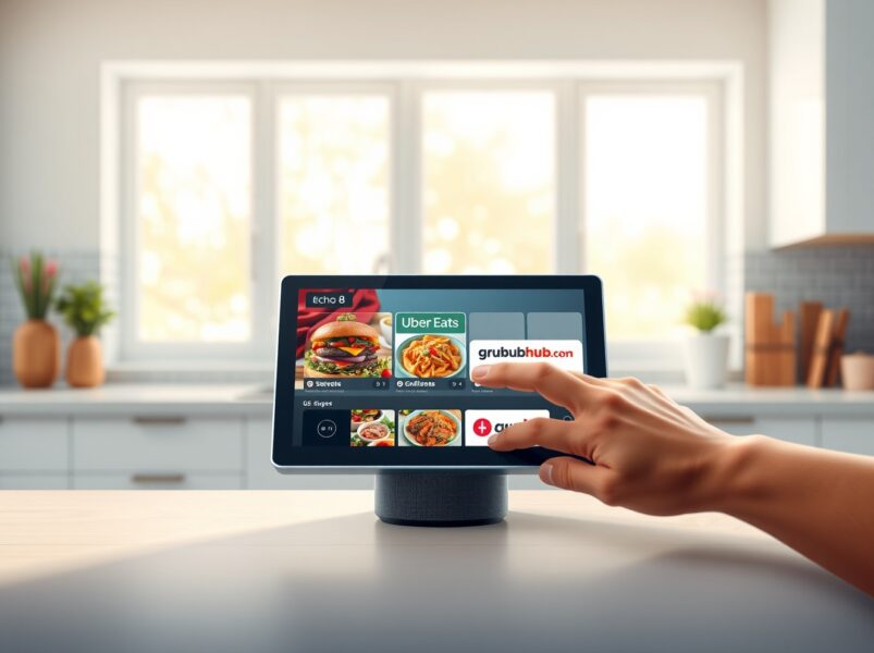Amazon Echo Show 8 displaying Alexa+ food ordering interface with Uber Eats and Grubhub integration