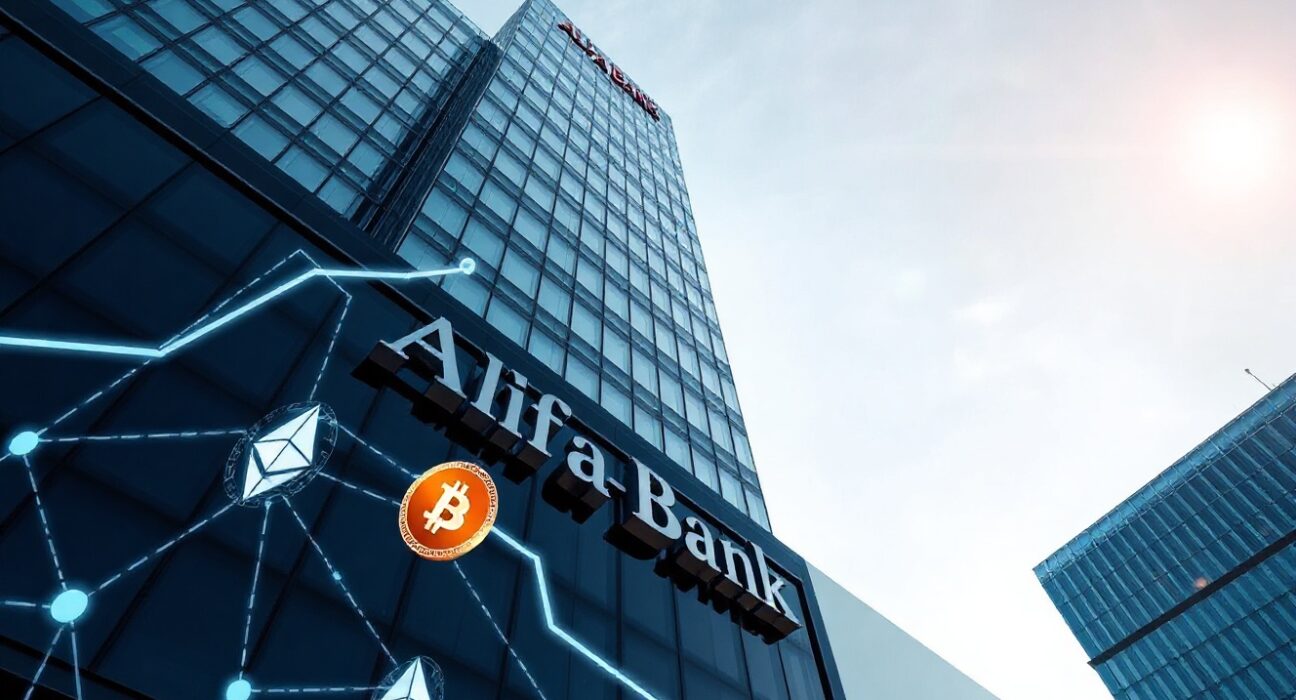 Exterior of Alfa-Bank headquarters in Moscow with digital blockchain network overlay