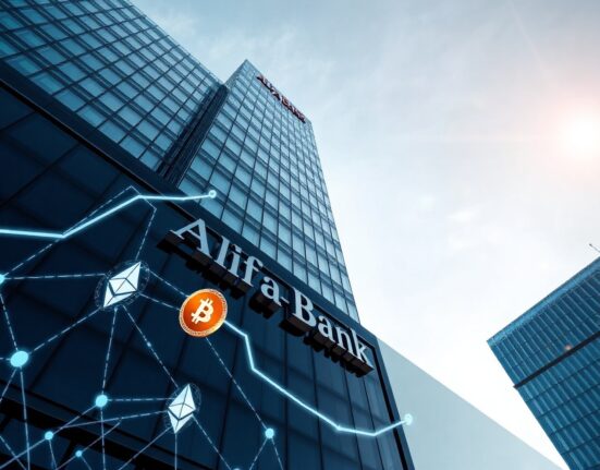 Exterior of Alfa-Bank headquarters in Moscow with digital blockchain network overlay