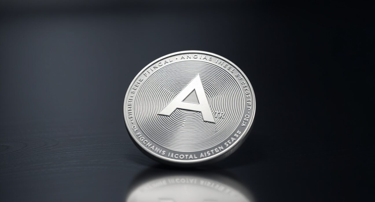 Algorand (ALGO) coin resting on a dark surface under a spotlight, representing its price analysis.