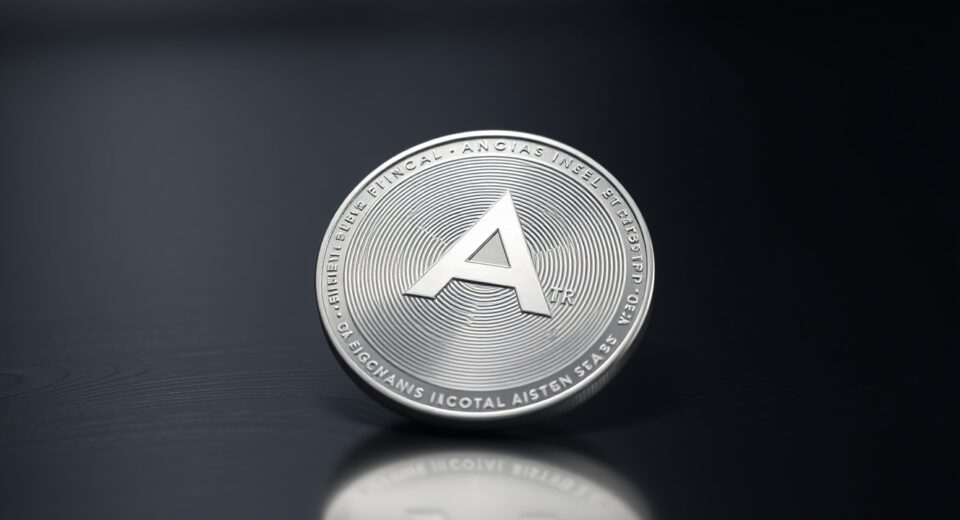 Algorand (ALGO) coin resting on a dark surface under a spotlight, representing its price analysis.