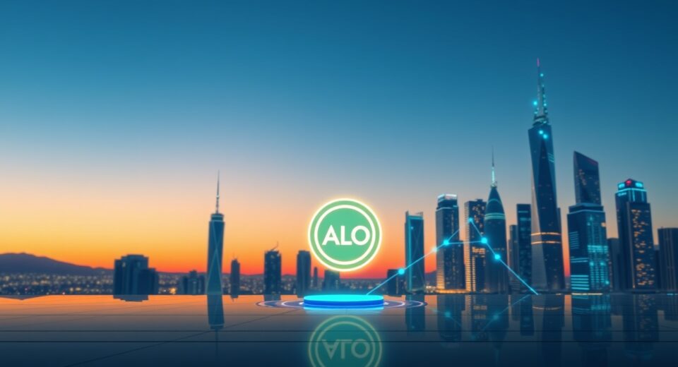 Algorand (ALGO) price prediction: futuristic city skyline with glowing network lines and ALGO coin icon