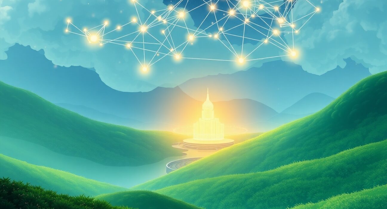 Algorand blockchain technology visualized as an intricate, glowing network in a futuristic landscape