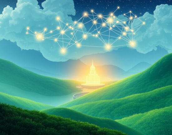 Algorand blockchain technology visualized as an intricate, glowing network in a futuristic landscape