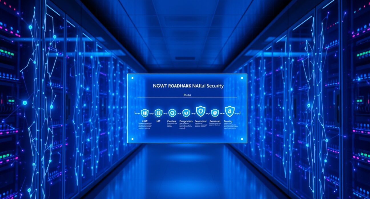 Algorand blockchain network with holographic roadmap display showing quantum-resistant upgrade timeline.