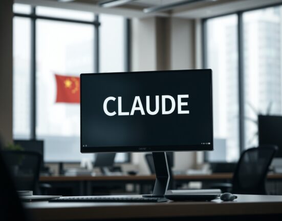 Computer screen showing Claude Code interface in a Chinese office setting
