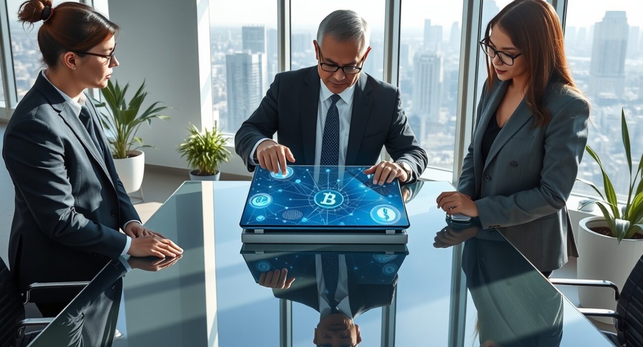 Alibaba executives planning token ecosystem strategy in corporate boardroom meeting