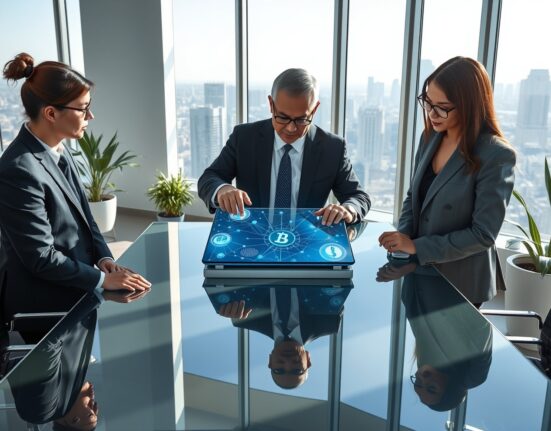 Alibaba executives planning token ecosystem strategy in corporate boardroom meeting