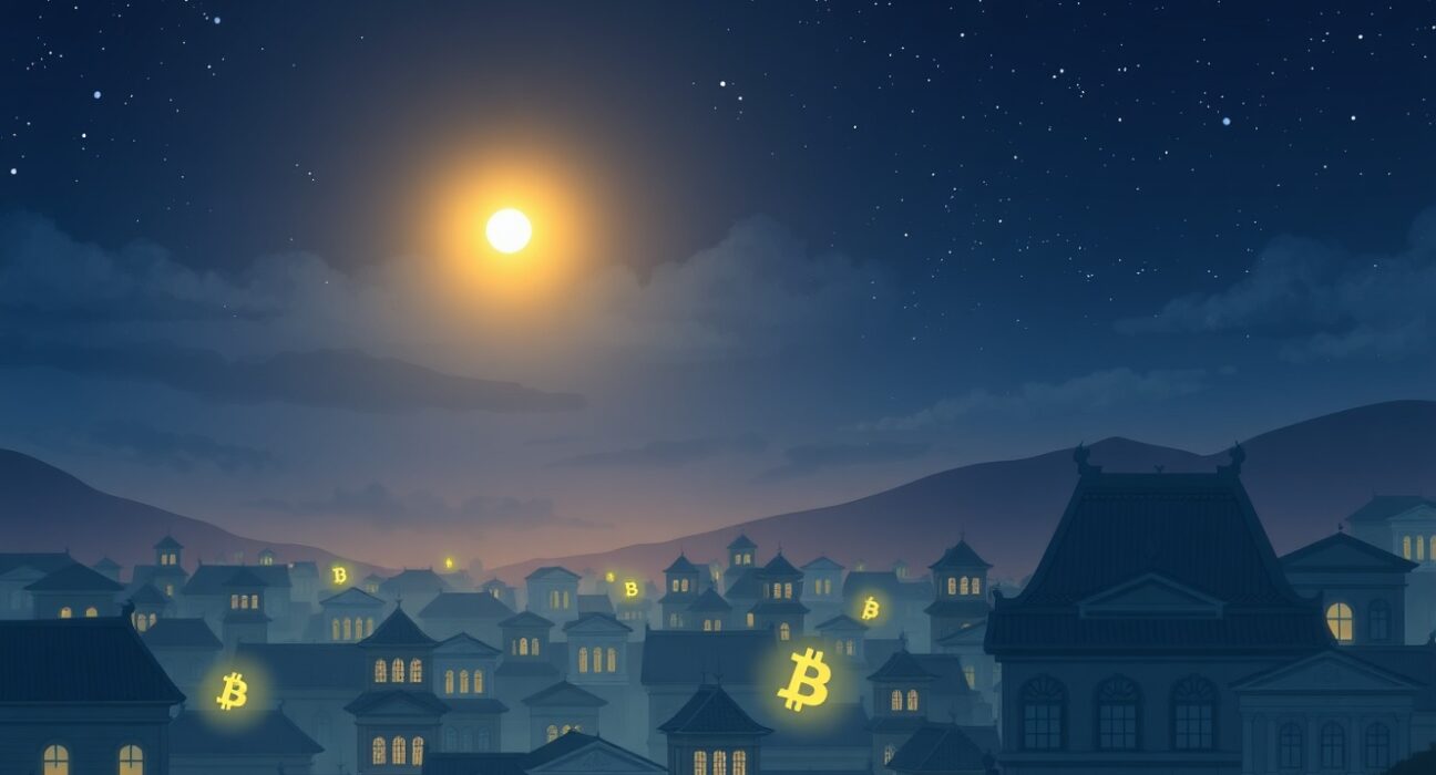 Conceptual art linking alien discovery to a potential cryptocurrency market surge and financial system change.