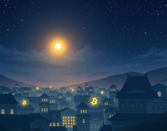 Conceptual art linking alien discovery to a potential cryptocurrency market surge and financial system change.