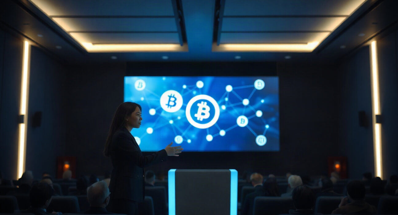 Alipay chairman Han Xinyi presenting stablecoins as an AI payment model at a fintech conference