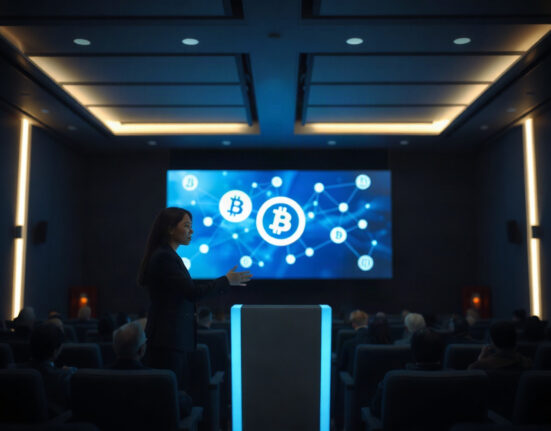 Alipay chairman Han Xinyi presenting stablecoins as an AI payment model at a fintech conference
