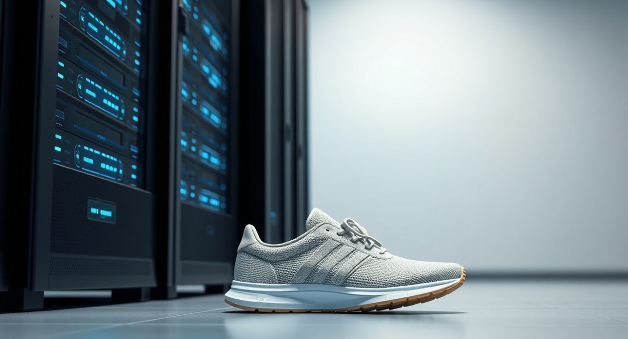 Allbirds AI pivot visualized as a server rack next to a sneaker, symbolizing the shift to NewBird AI infrastructure.