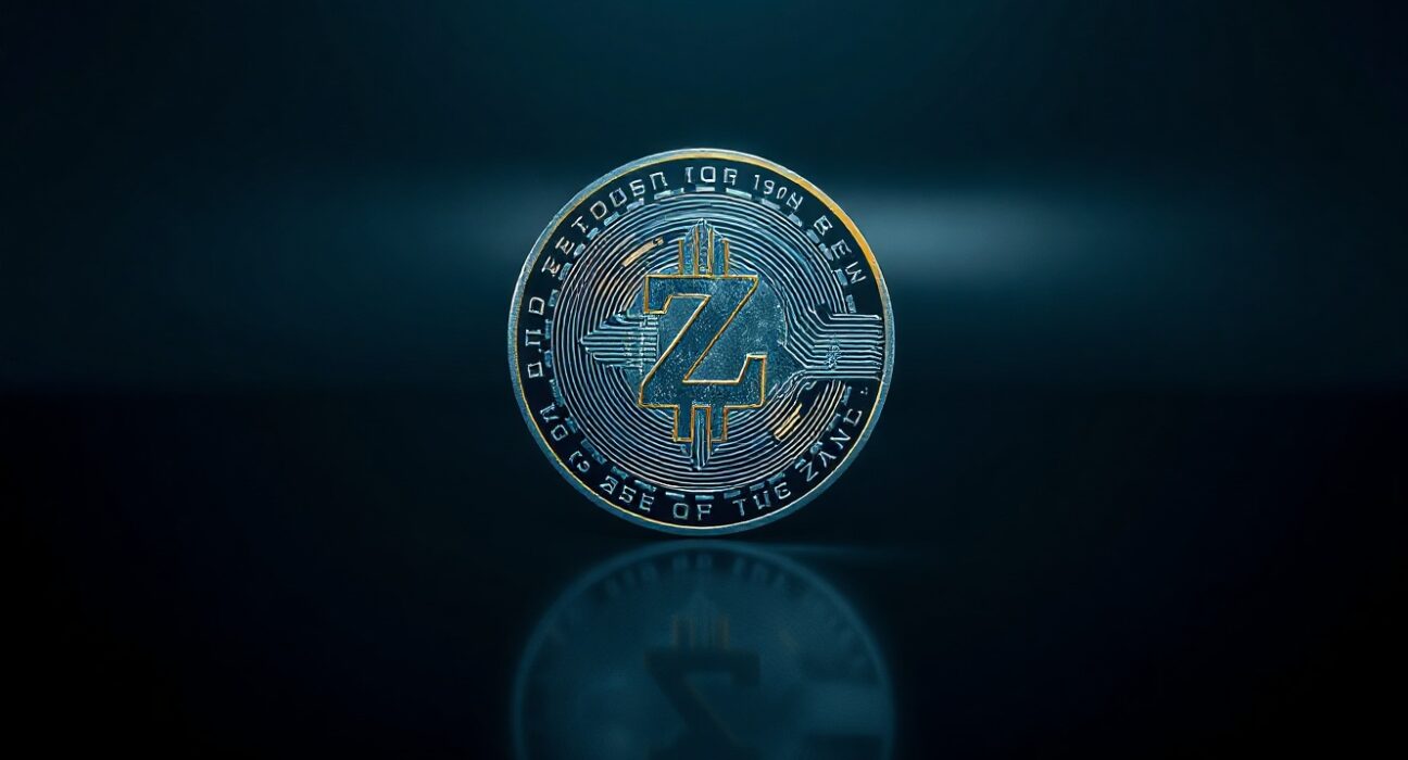 A metallic Zcash coin on a dark reflective surface with glowing circuit patterns
