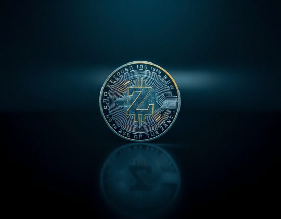 A metallic Zcash coin on a dark reflective surface with glowing circuit patterns