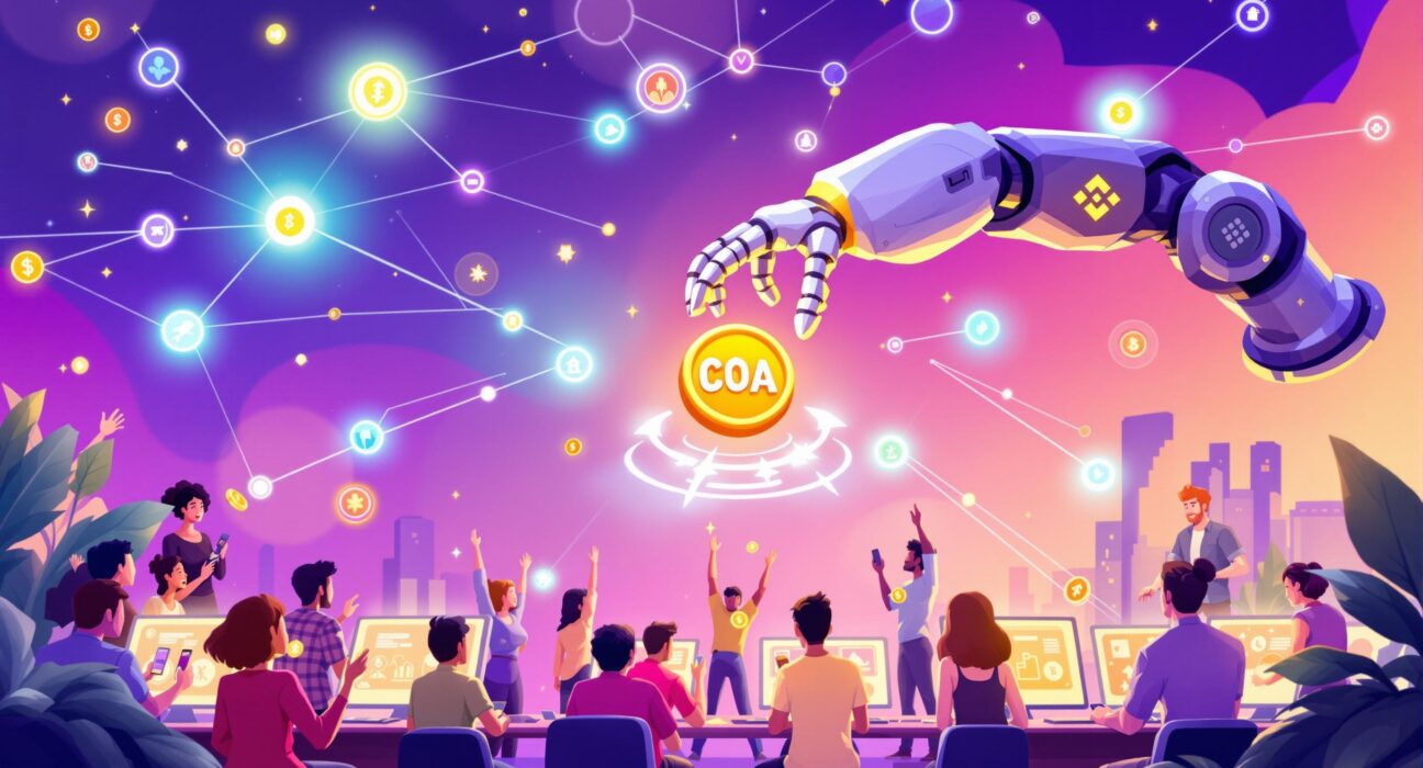 A cartoon illustration showing the excitement around Alliance Games COA being added to a major crypto platform, symbolizing growth and new opportunities.