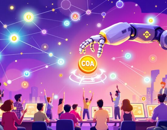 A cartoon illustration showing the excitement around Alliance Games COA being added to a major crypto platform, symbolizing growth and new opportunities.