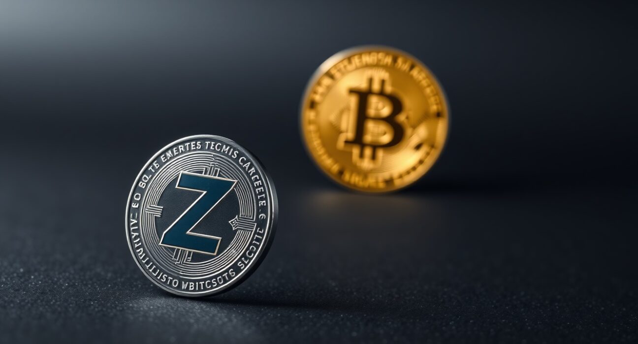 Zcash coin next to a glowing Bitcoin coin on a dark surface, representing market cap comparison.