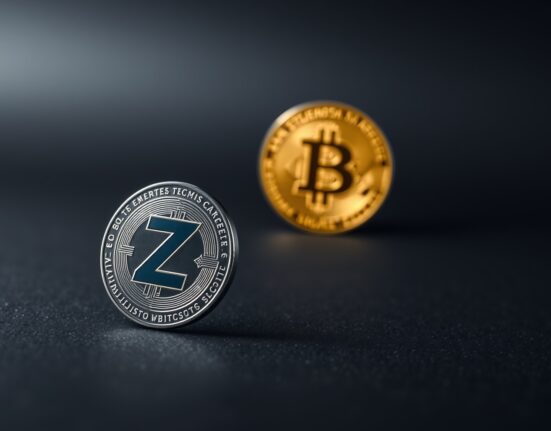 Zcash coin next to a glowing Bitcoin coin on a dark surface, representing market cap comparison.