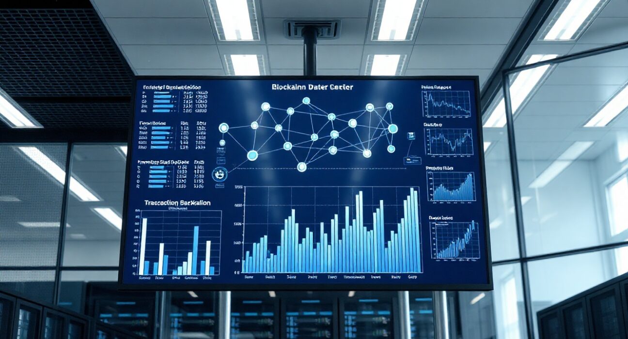 Data center screens displaying blockchain transaction data streams for institutional investors.