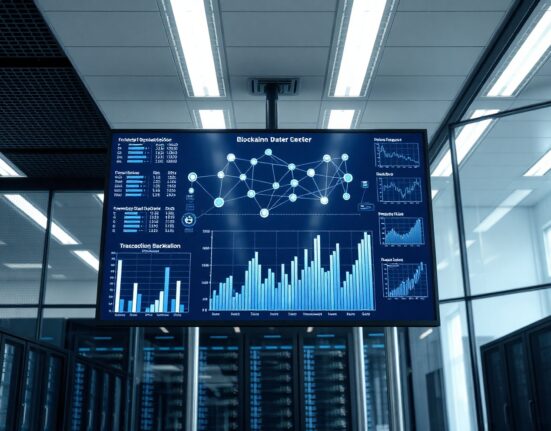 Data center screens displaying blockchain transaction data streams for institutional investors.