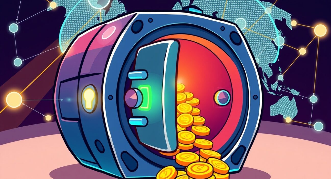 A vibrant cartoon of AllScale's secure self-custody platform receiving a $5 million seed funding boost.