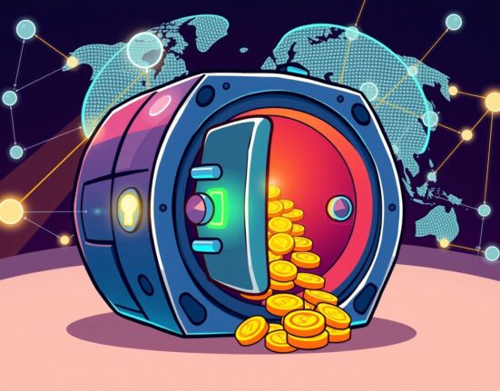 A vibrant cartoon of AllScale's secure self-custody platform receiving a $5 million seed funding boost.