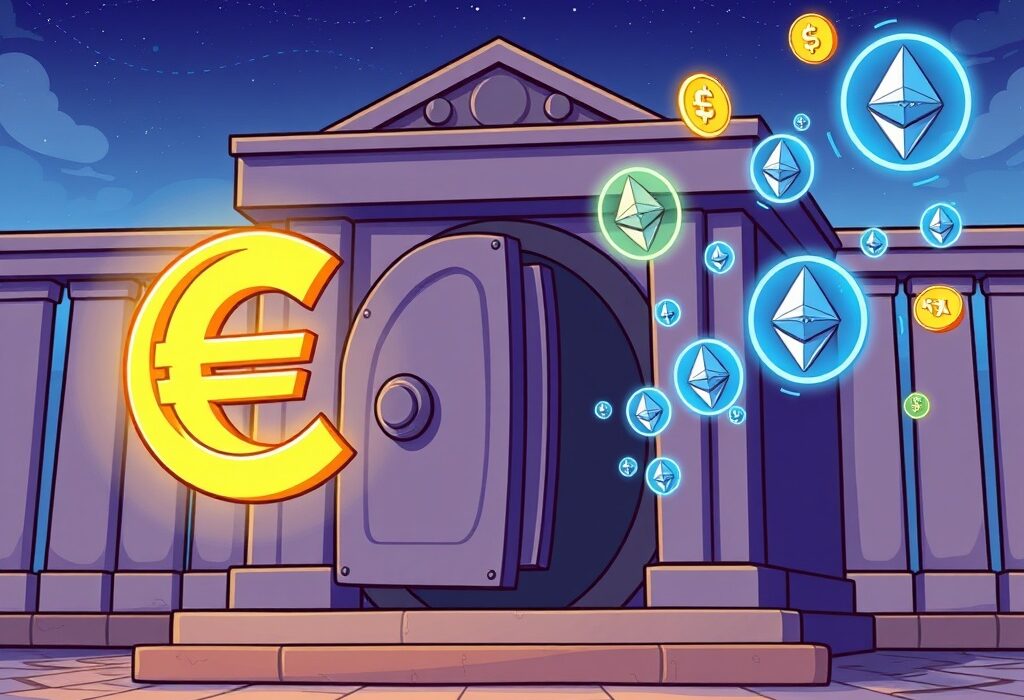 A cartoon illustration symbolizing the secure launch of AllUnity's new euro stablecoin, bridging traditional finance with the digital economy.