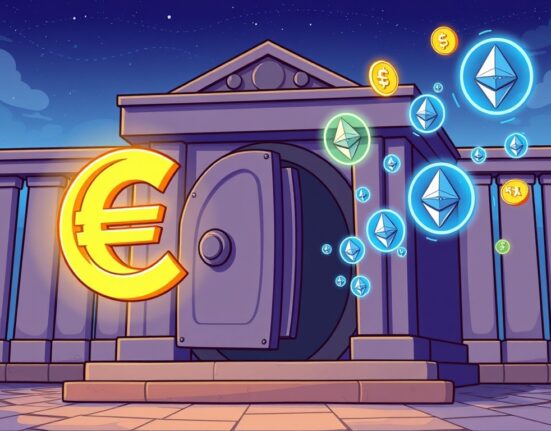A cartoon illustration symbolizing the secure launch of AllUnity's new euro stablecoin, bridging traditional finance with the digital economy.