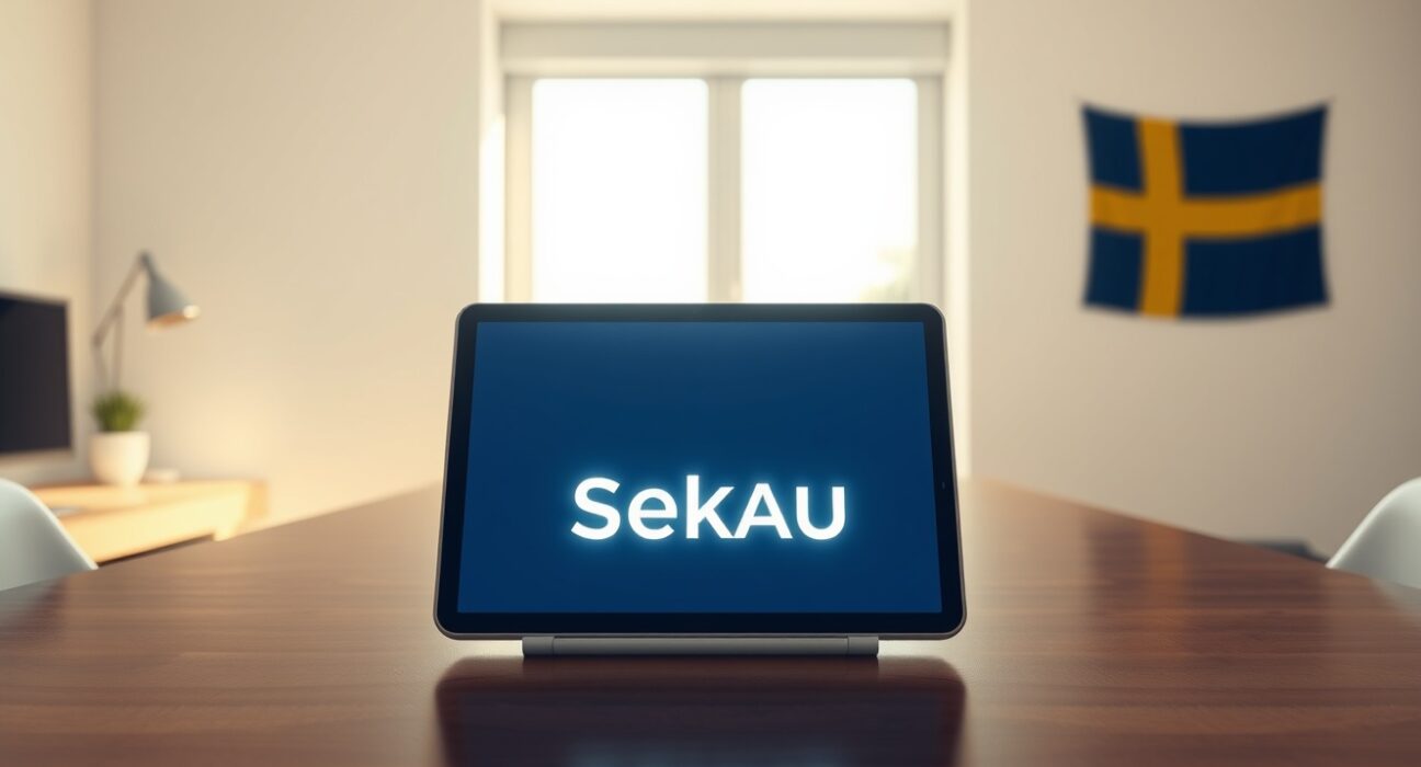 Digital tablet displaying SEKAU stablecoin logo in a modern office setting