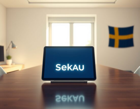 Digital tablet displaying SEKAU stablecoin logo in a modern office setting