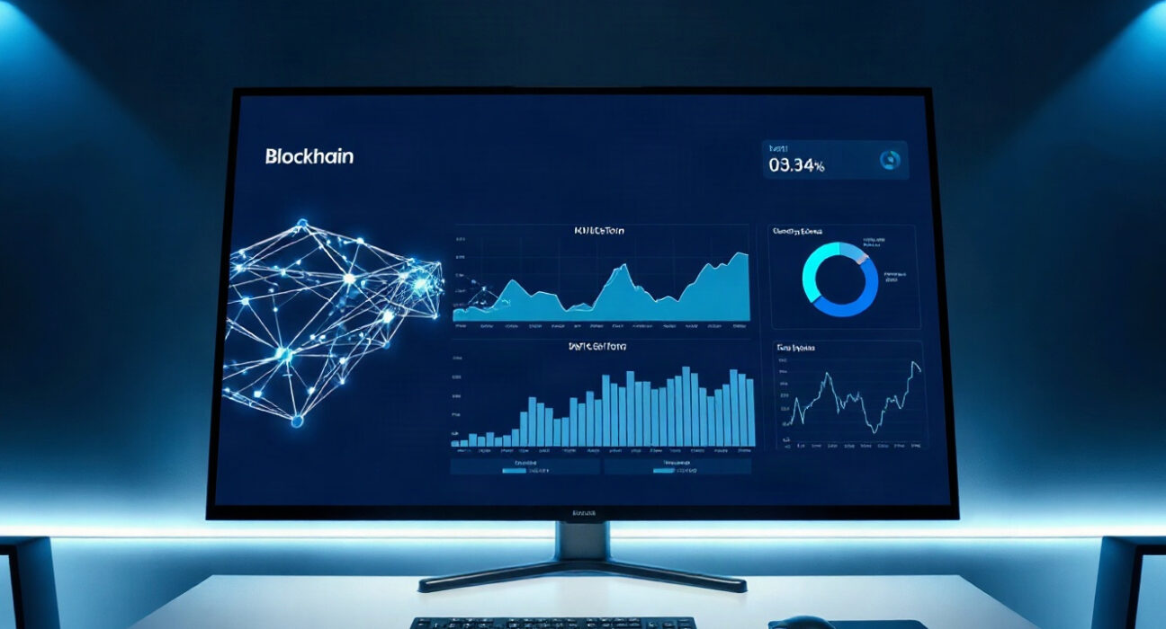 Almanak's agentic DeFi strategy platform dashboard with blockchain network visualization and data charts.