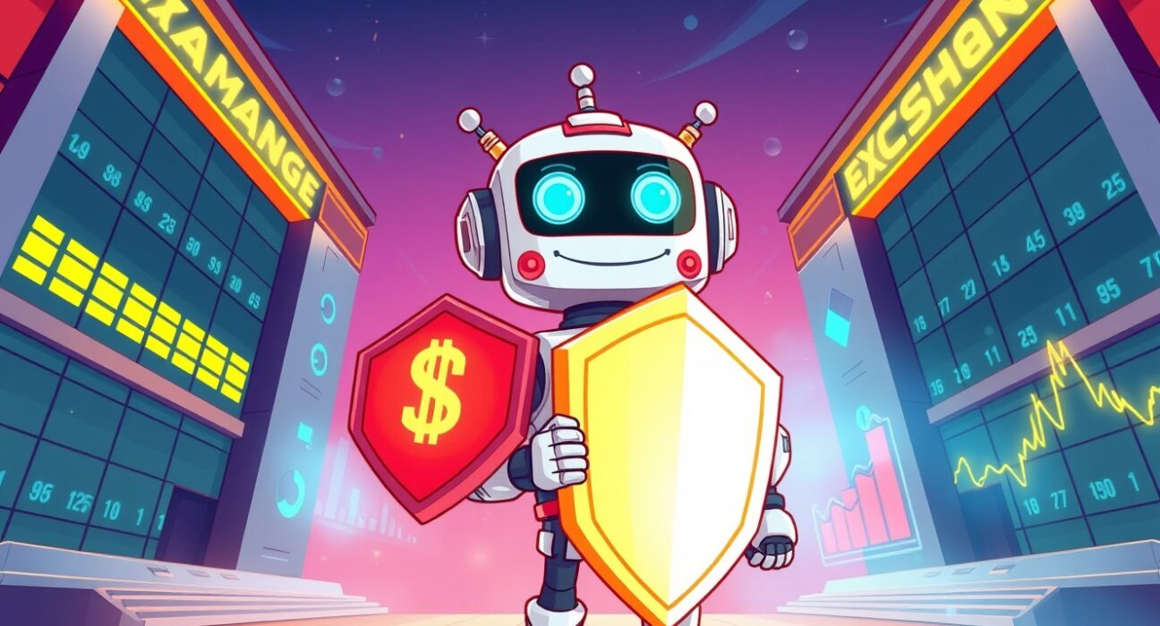 A friendly AI robot guardian symbolizing the ALMANAK token launch on major crypto exchanges.