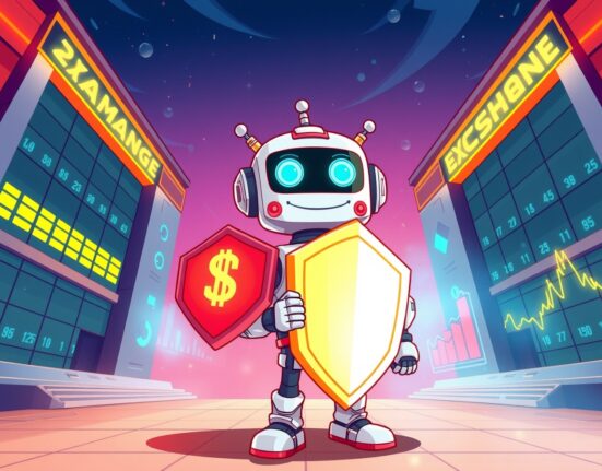 A friendly AI robot guardian symbolizing the ALMANAK token launch on major crypto exchanges.