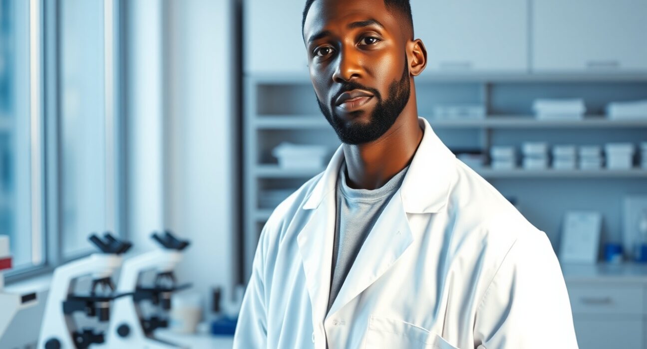 Aloe Blacc in a lab coat discussing his biotech startup targeting pancreatic cancer.