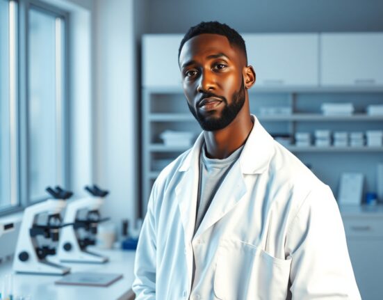 Aloe Blacc in a lab coat discussing his biotech startup targeting pancreatic cancer.